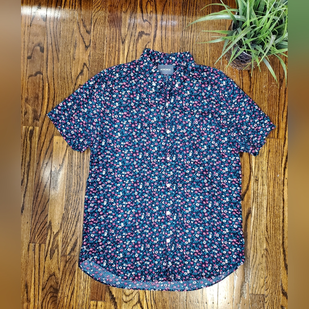 Bonobos Men's Slim Fit Floral Short Sleeve Button-Up Shirt Black Green Pink Sz L - Picture 2 of 7